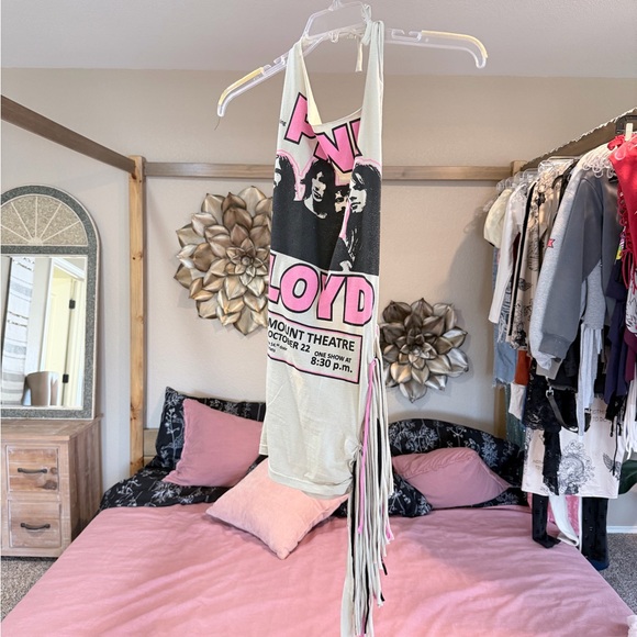 Hand Cut Pink Floyd Fringe Halter Mini Dress - Picture 4 of 6